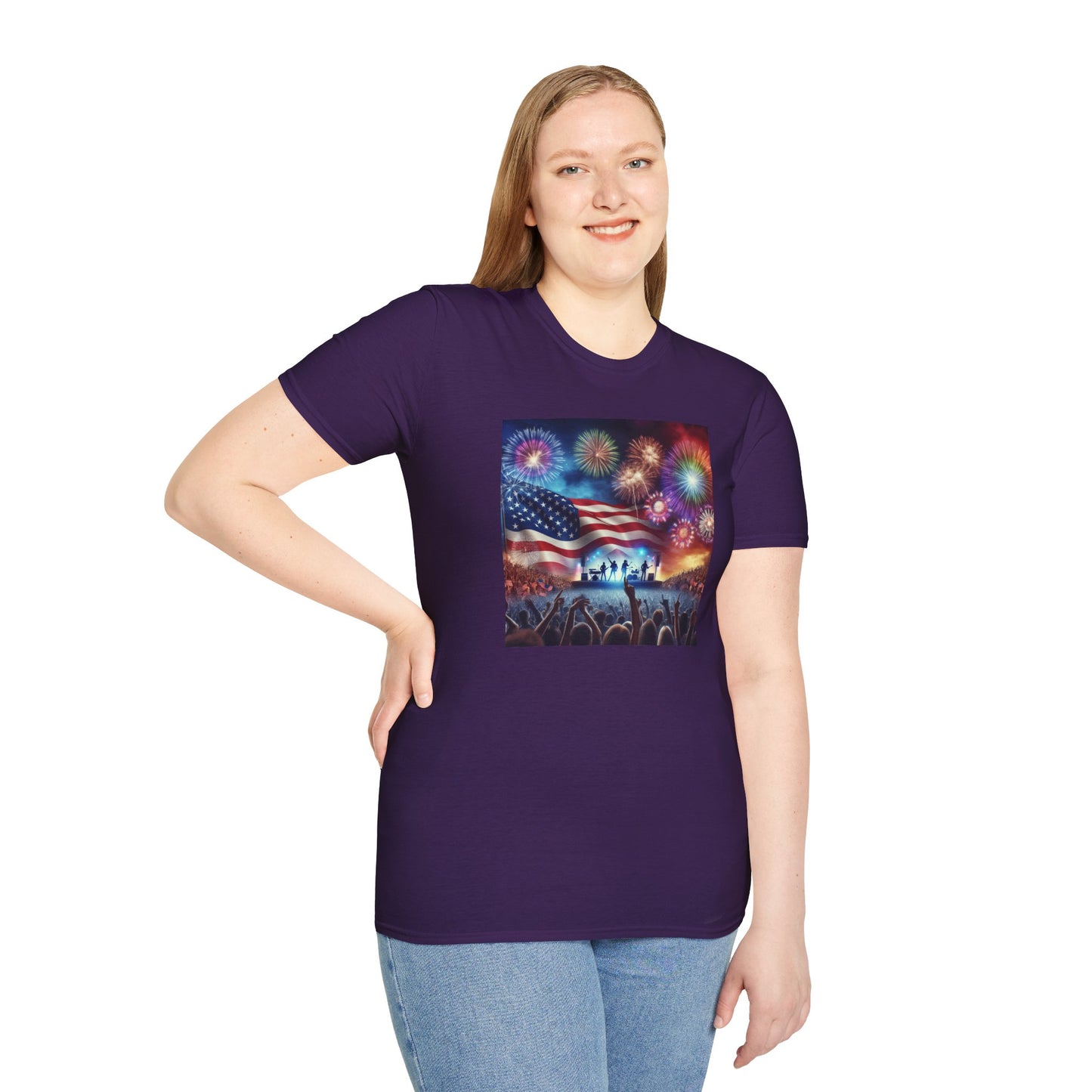 Crowd At Concert Cheering With American Flag And Fireworks Softstyle T-Shirt