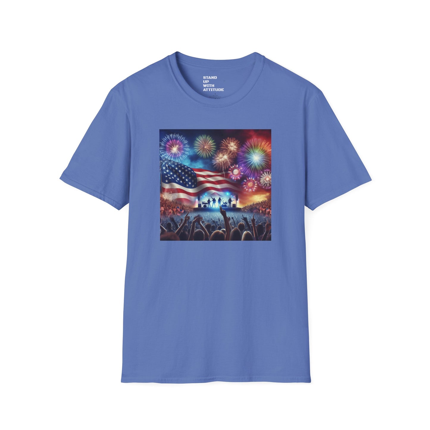 Crowd At Concert Cheering With American Flag And Fireworks Softstyle T-Shirt