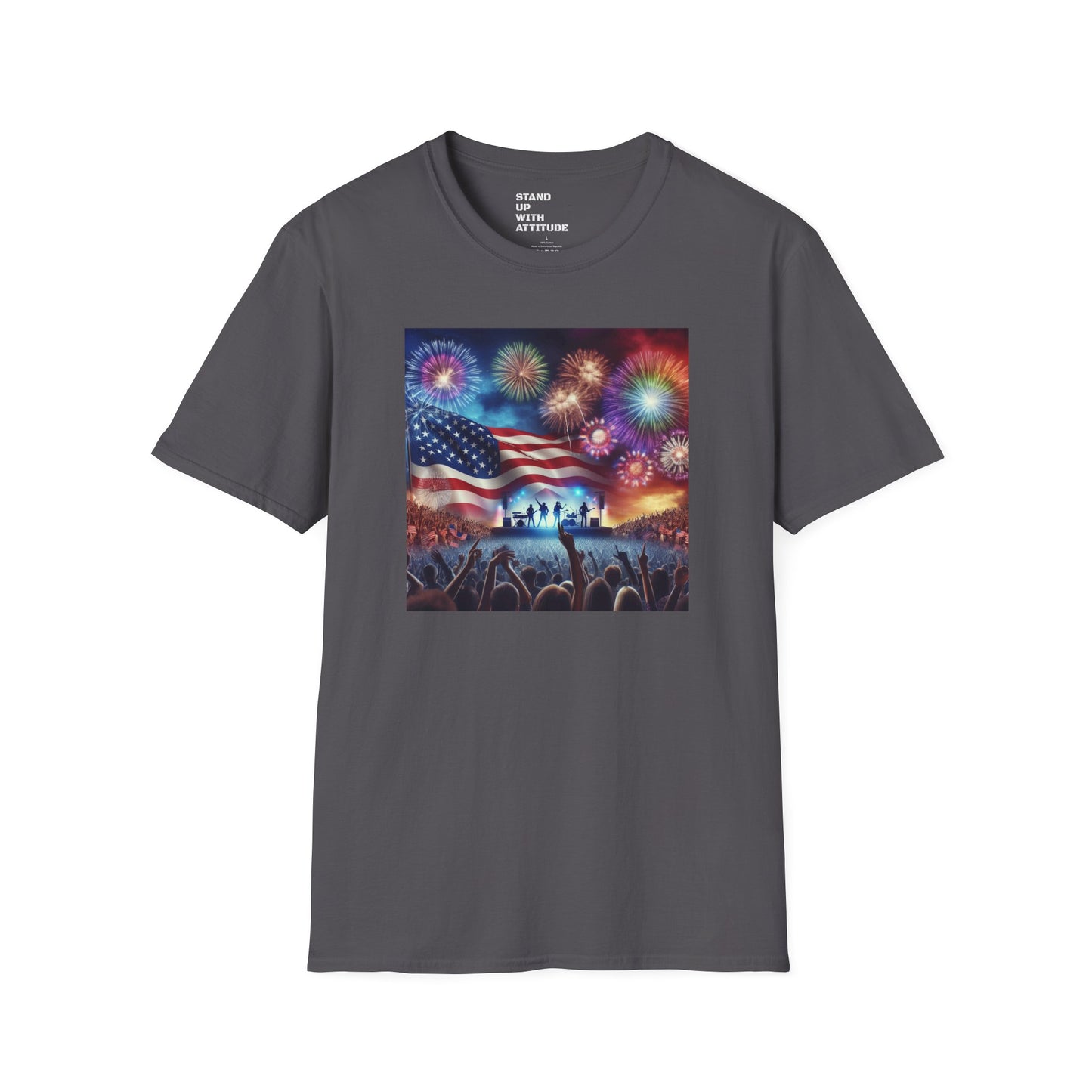 Crowd At Concert Cheering With American Flag And Fireworks Softstyle T-Shirt