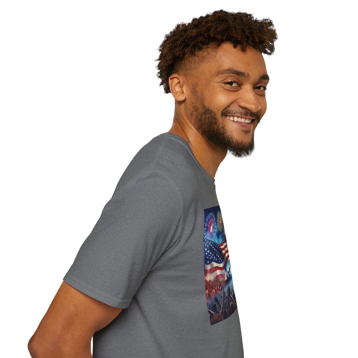 Crowd At Concert Cheering With American Flag And Fireworks Softstyle T-Shirt