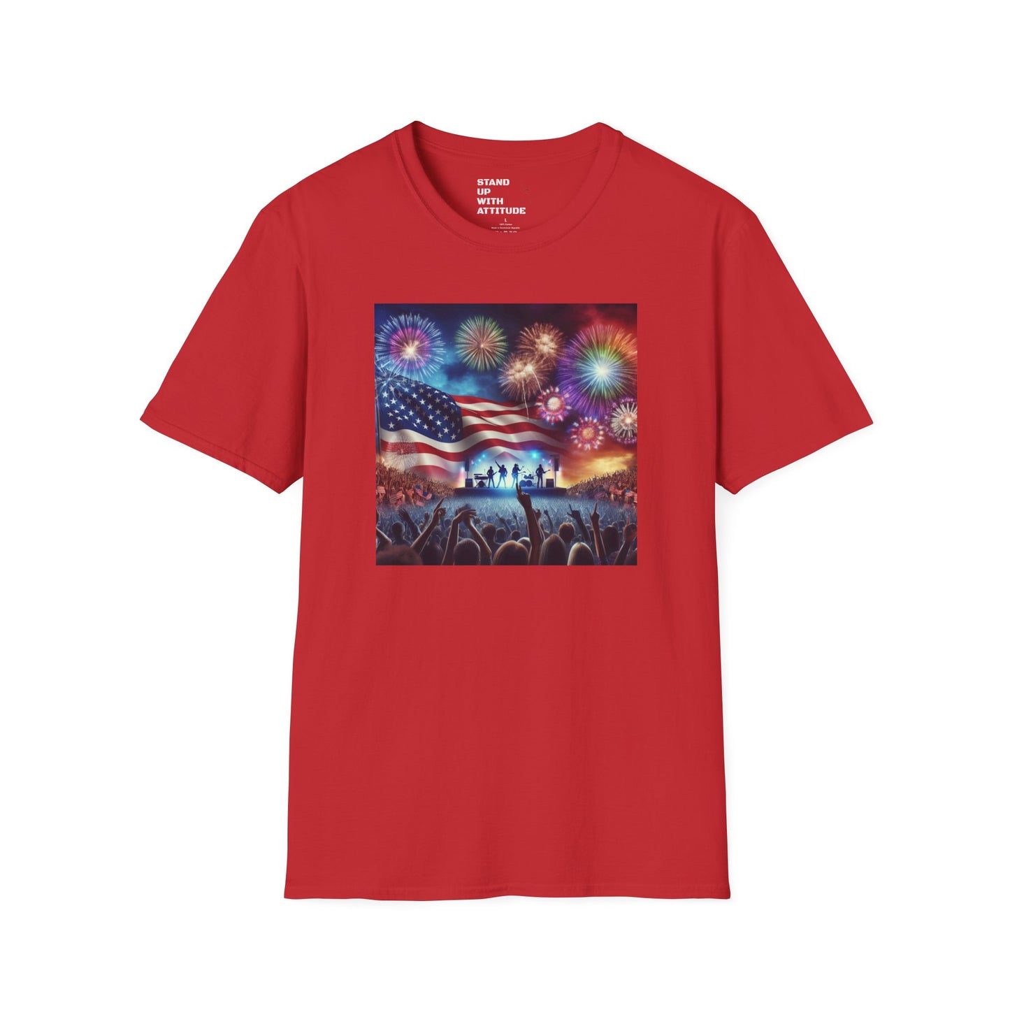 Crowd At Concert Cheering With American Flag And Fireworks Softstyle T-Shirt