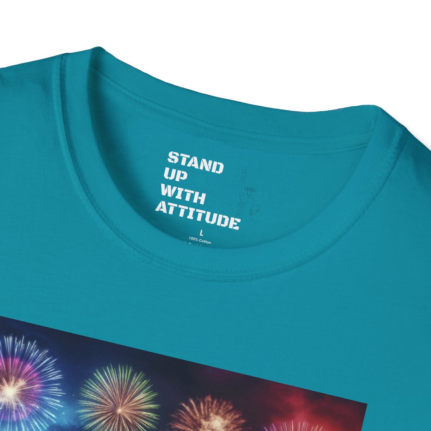 Crowd At Concert Cheering With American Flag And Fireworks Softstyle T-Shirt