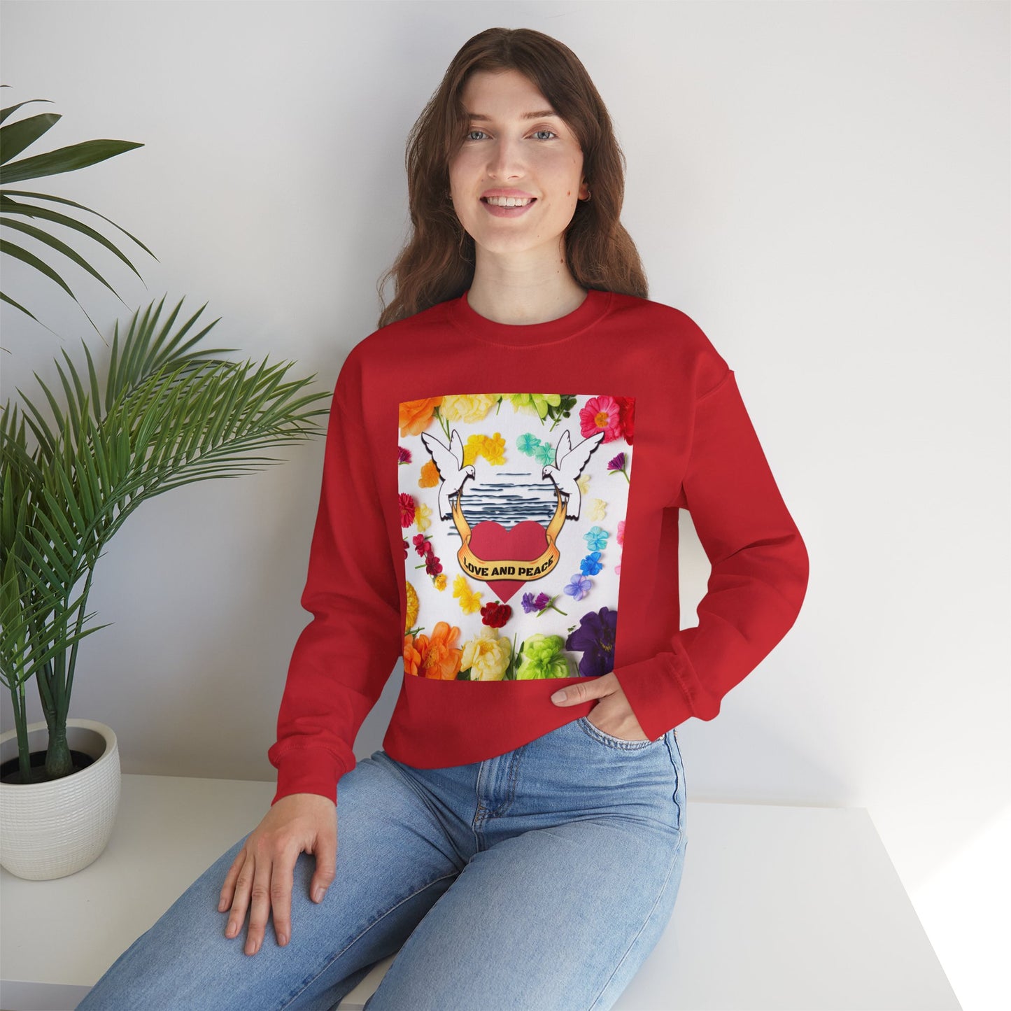 2 Doves With Banner "Love And Peace" Heavy Blend™ Crewneck Sweatshirt