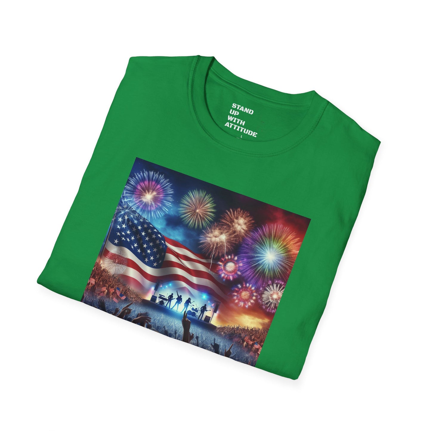Crowd At Concert Cheering With American Flag And Fireworks Softstyle T-Shirt