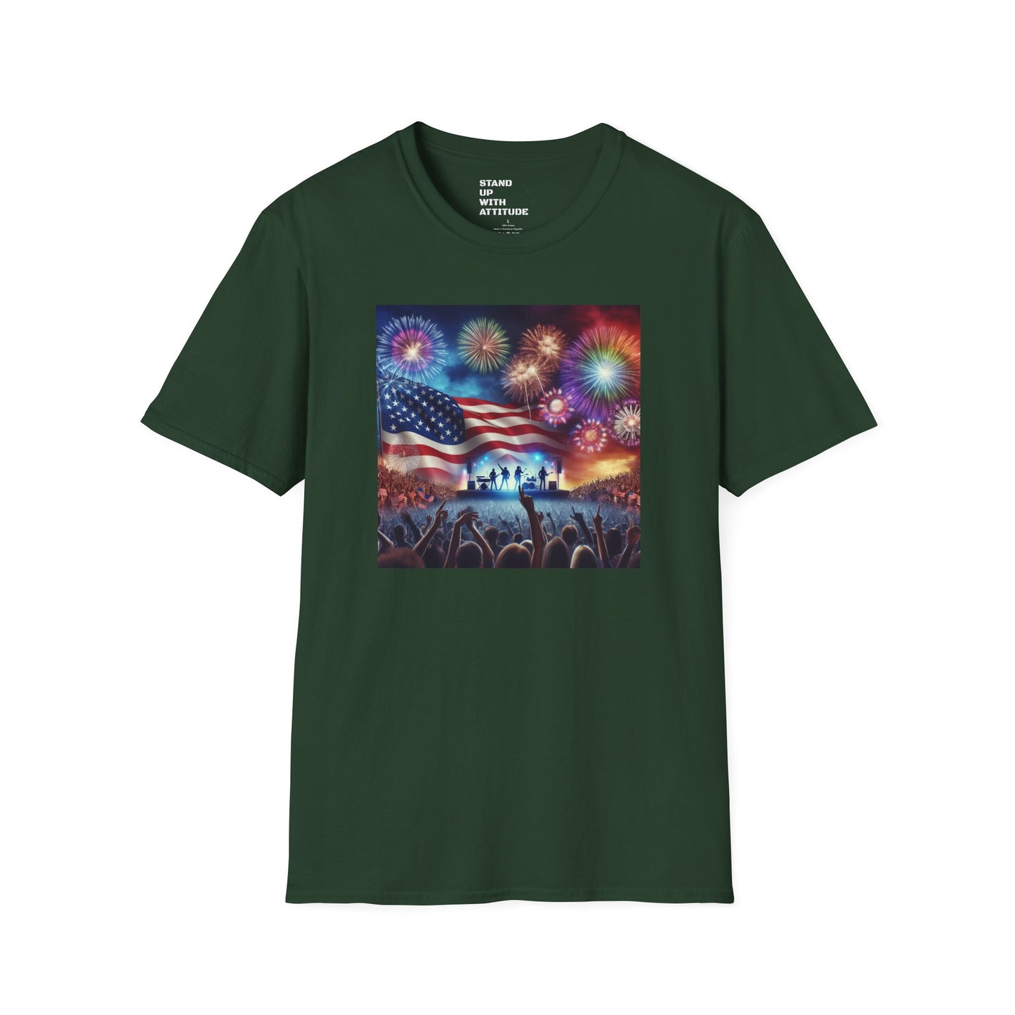 Crowd At Concert Cheering With American Flag And Fireworks Softstyle T-Shirt