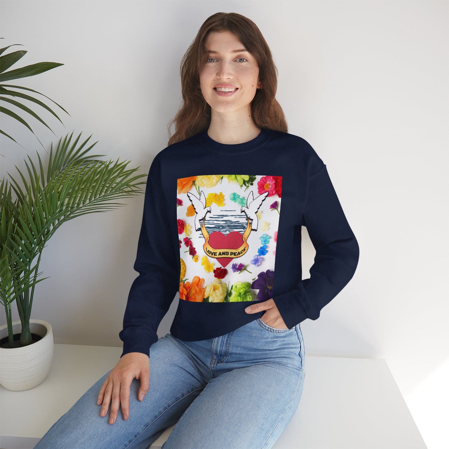 2 Doves With Banner "Love And Peace" Heavy Blend™ Crewneck Sweatshirt