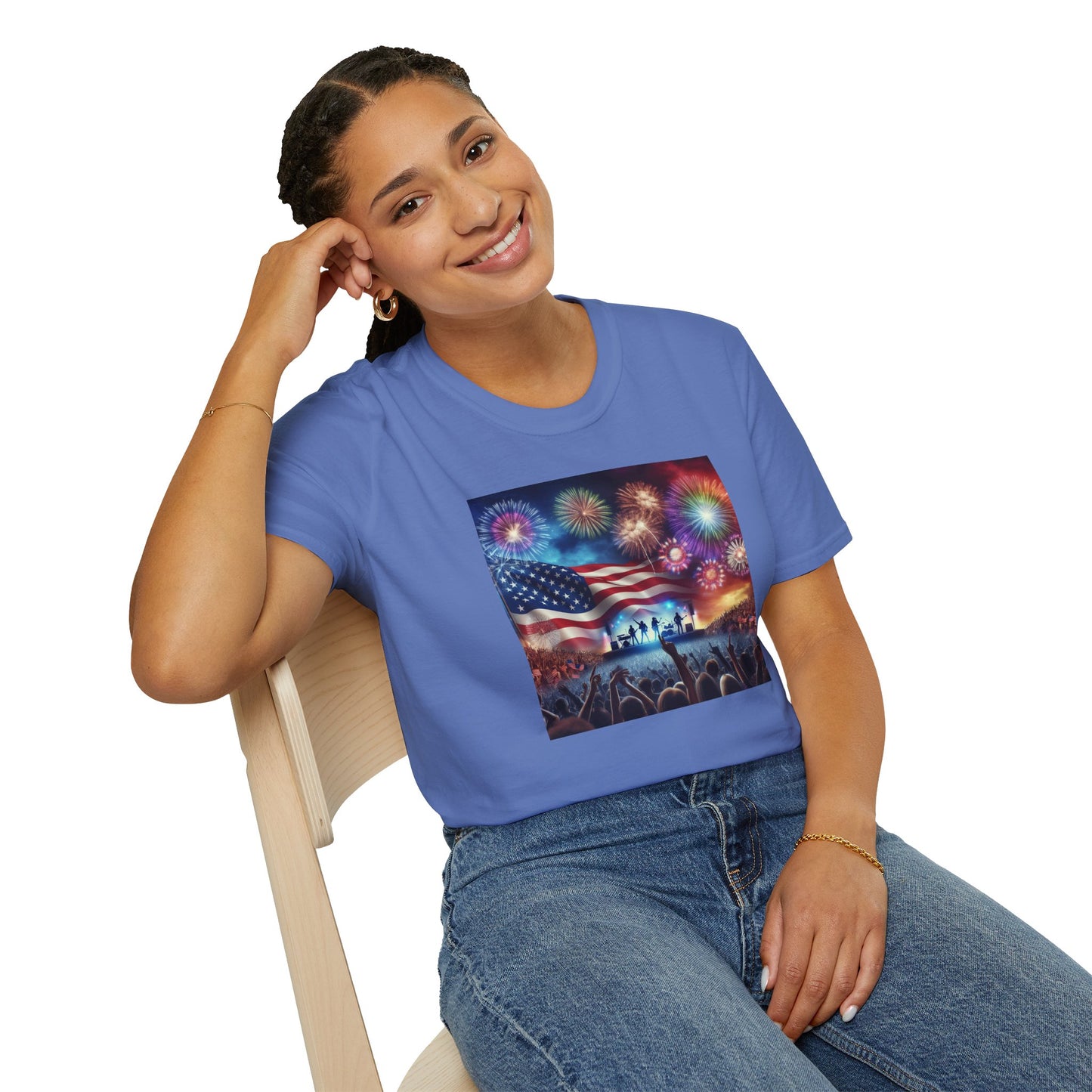 Crowd At Concert Cheering With American Flag And Fireworks Softstyle T-Shirt