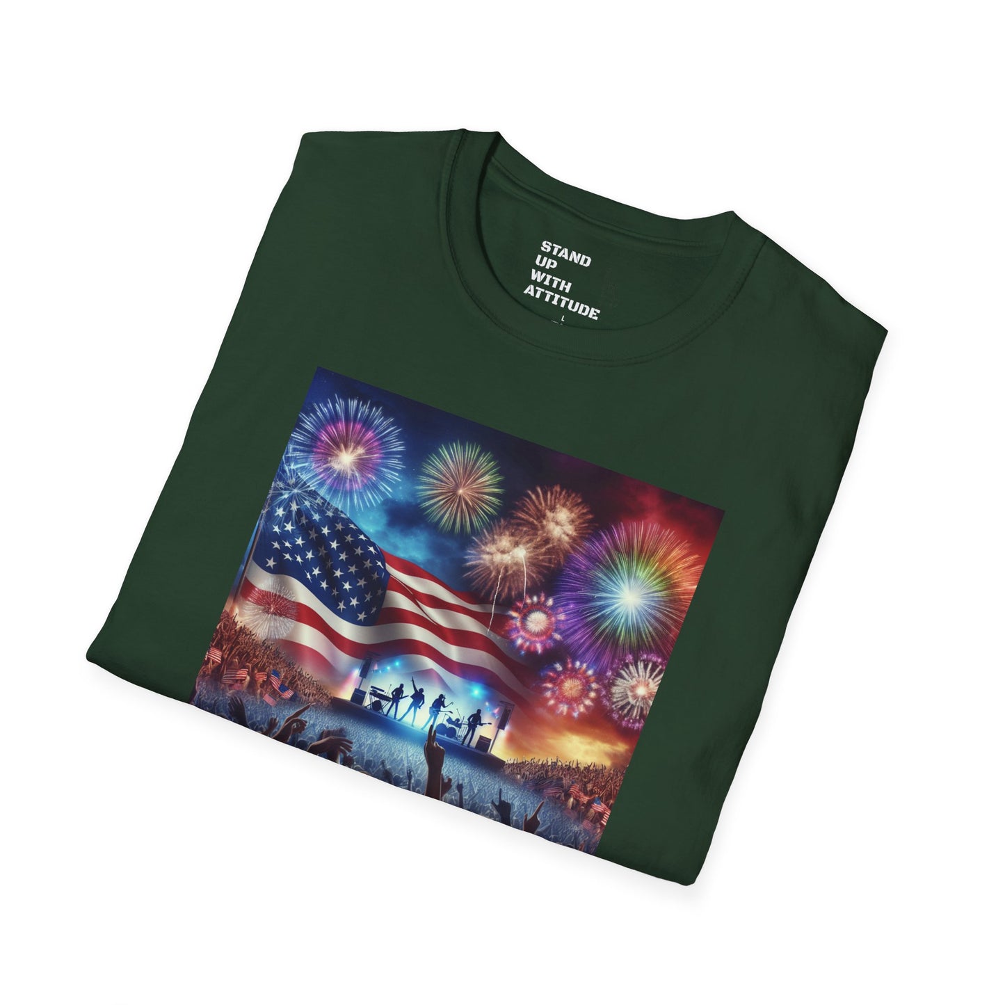 Crowd At Concert Cheering With American Flag And Fireworks Softstyle T-Shirt