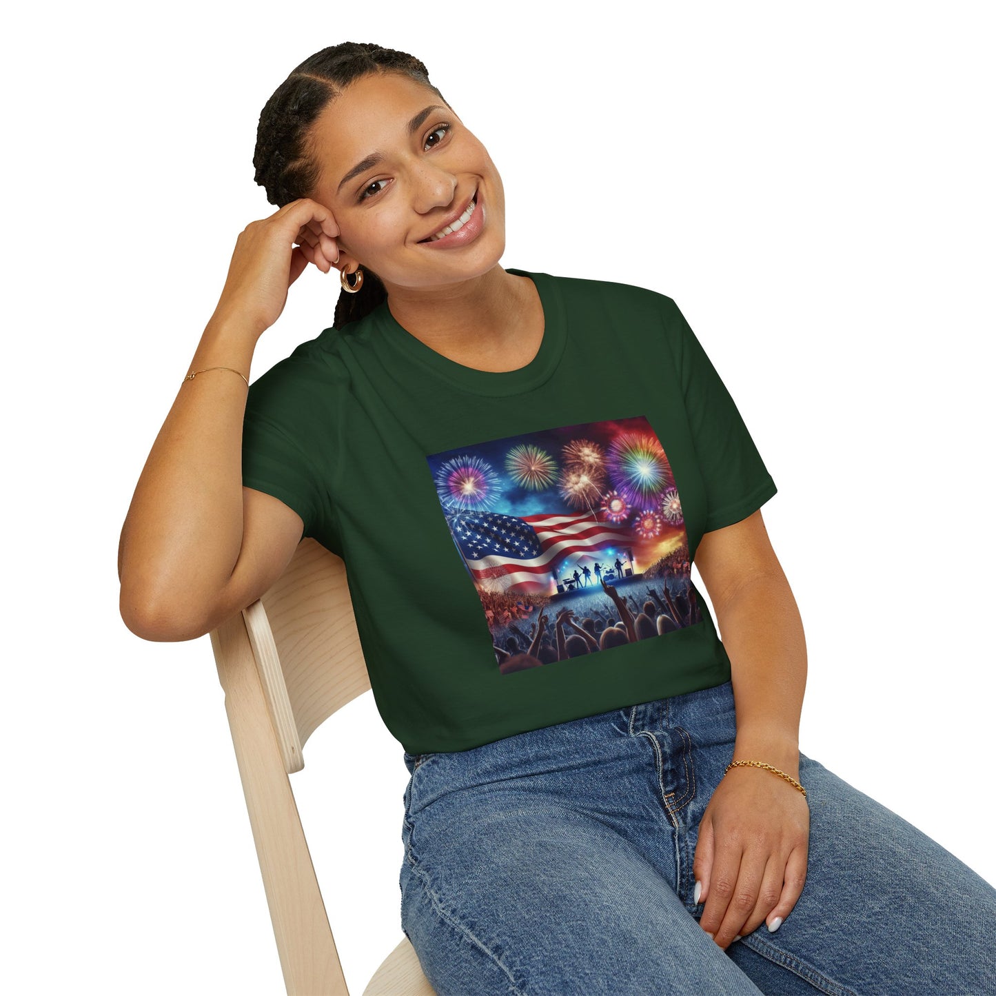 Crowd At Concert Cheering With American Flag And Fireworks Softstyle T-Shirt