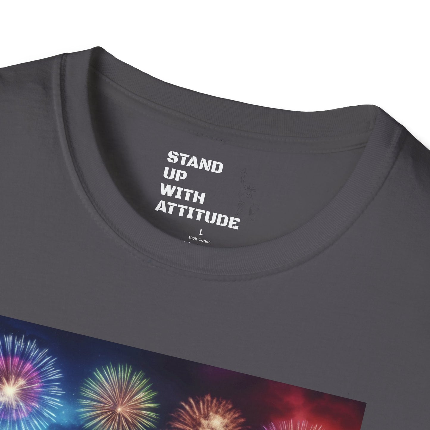 Crowd At Concert Cheering With American Flag And Fireworks Softstyle T-Shirt