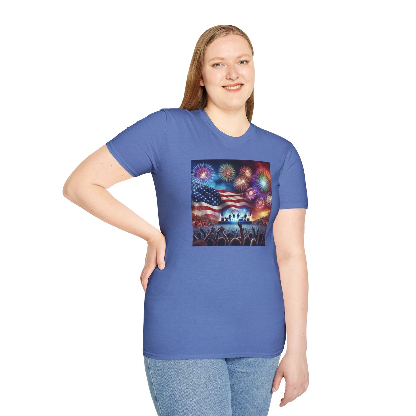 Crowd At Concert Cheering With American Flag And Fireworks Softstyle T-Shirt