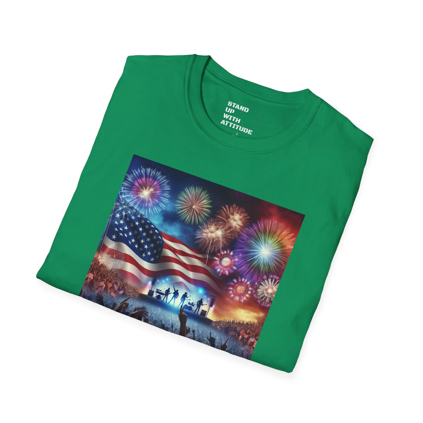 Crowd At Concert Cheering With American Flag And Fireworks Softstyle T-Shirt
