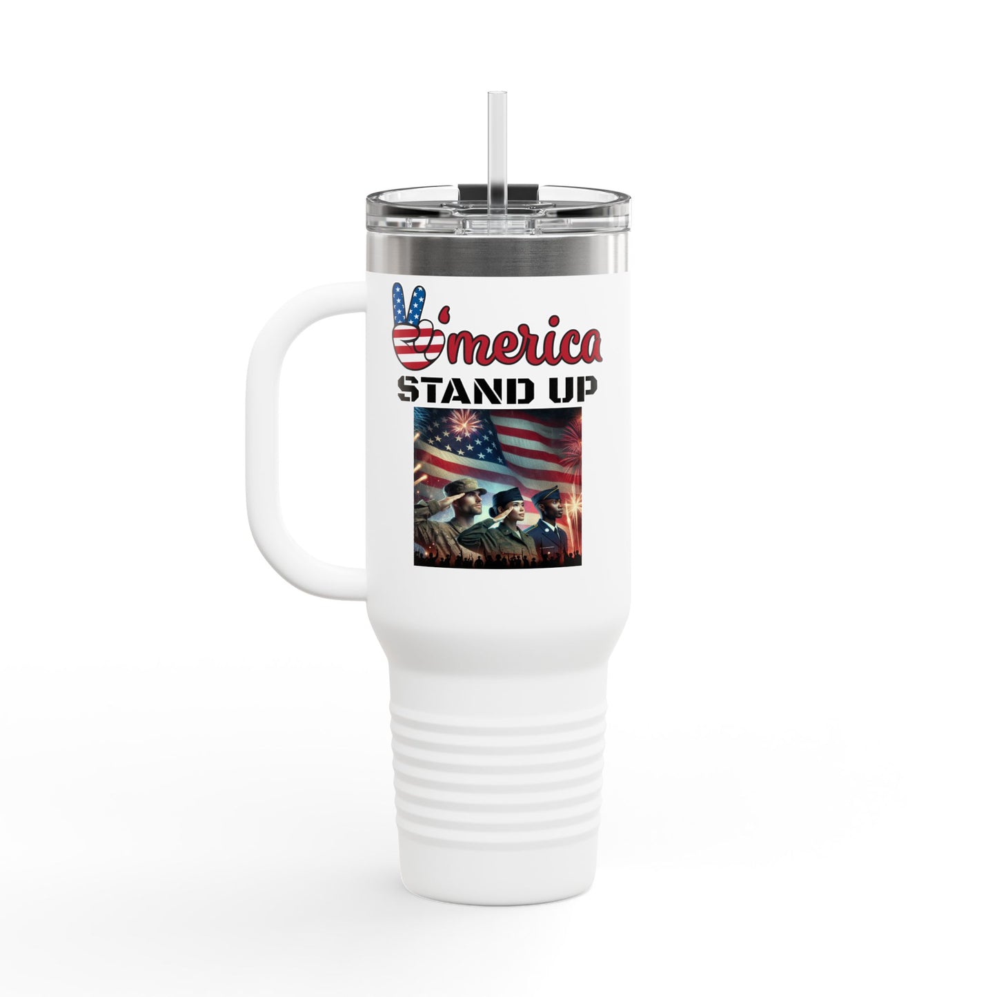 America Stand Up With Flag and 3 Solutes Insulated Travel Mug, 40oz