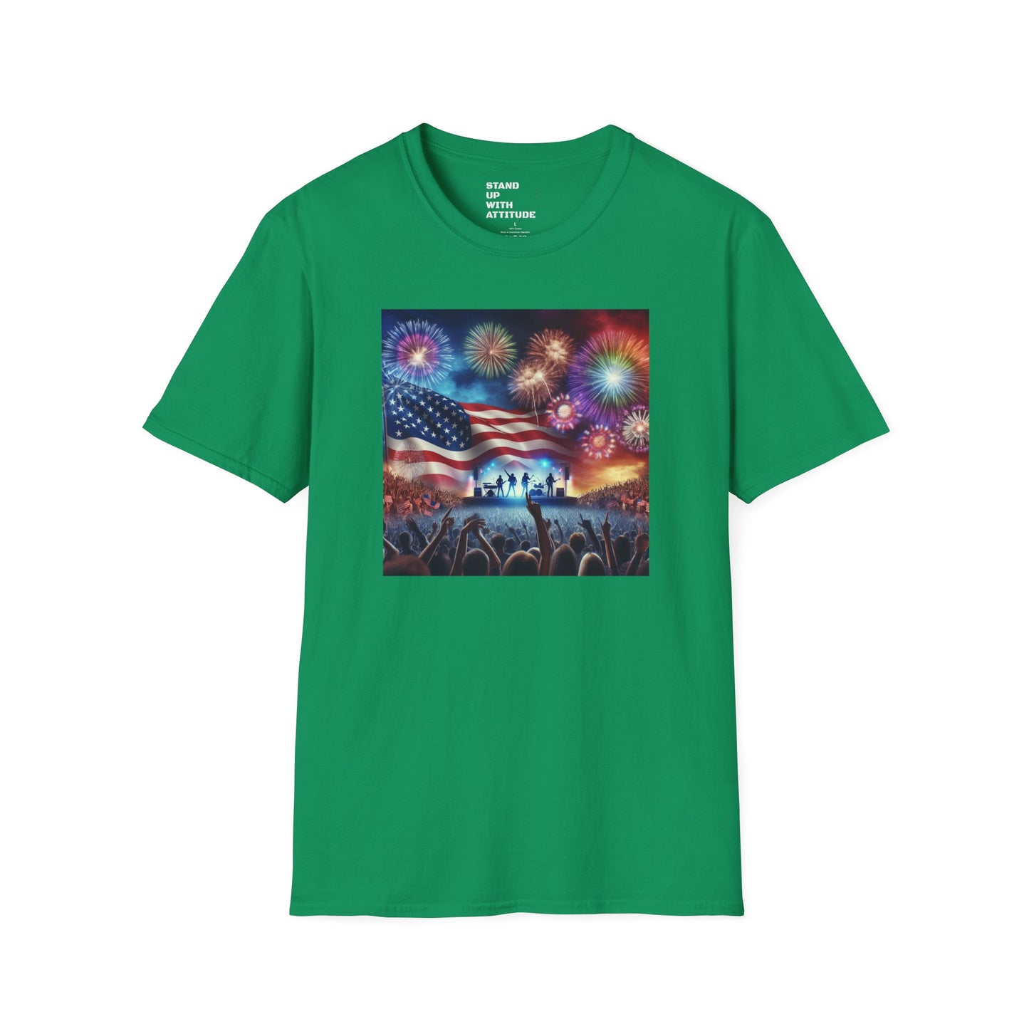 Crowd At Concert Cheering With American Flag And Fireworks Softstyle T-Shirt