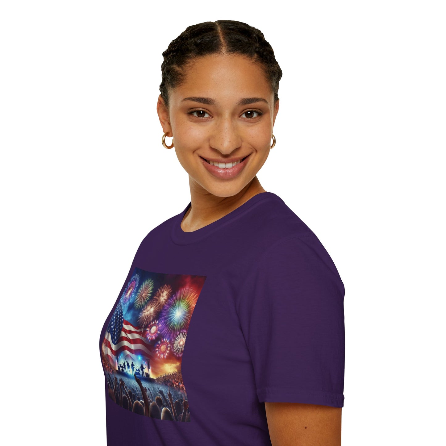 Crowd At Concert Cheering With American Flag And Fireworks Softstyle T-Shirt