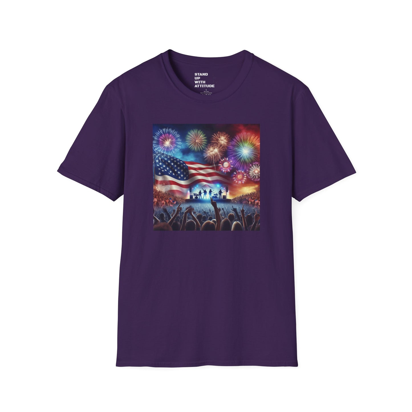 Crowd At Concert Cheering With American Flag And Fireworks Softstyle T-Shirt