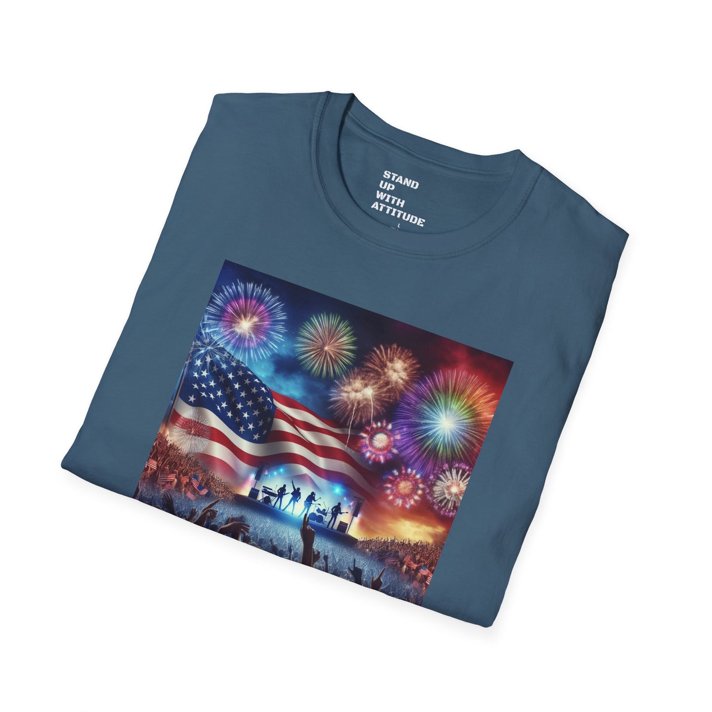 Crowd At Concert Cheering With American Flag And Fireworks Softstyle T-Shirt