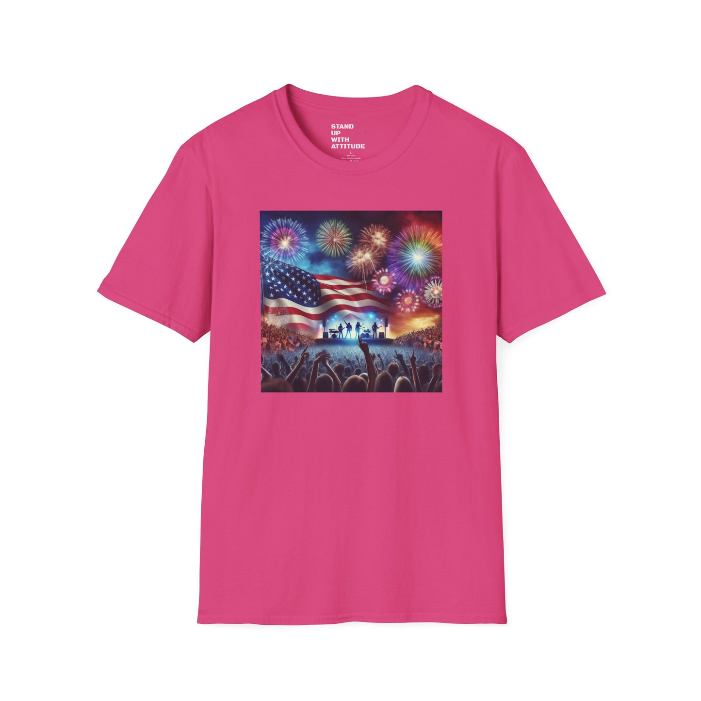 Crowd At Concert Cheering With American Flag And Fireworks Softstyle T-Shirt