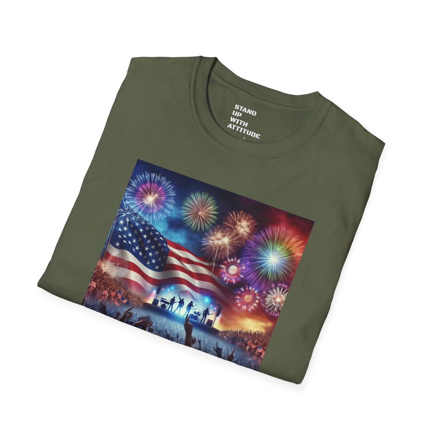 Crowd At Concert Cheering With American Flag And Fireworks Softstyle T-Shirt
