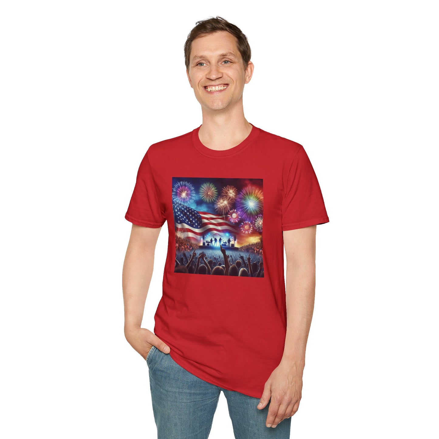 Crowd At Concert Cheering With American Flag And Fireworks Softstyle T-Shirt