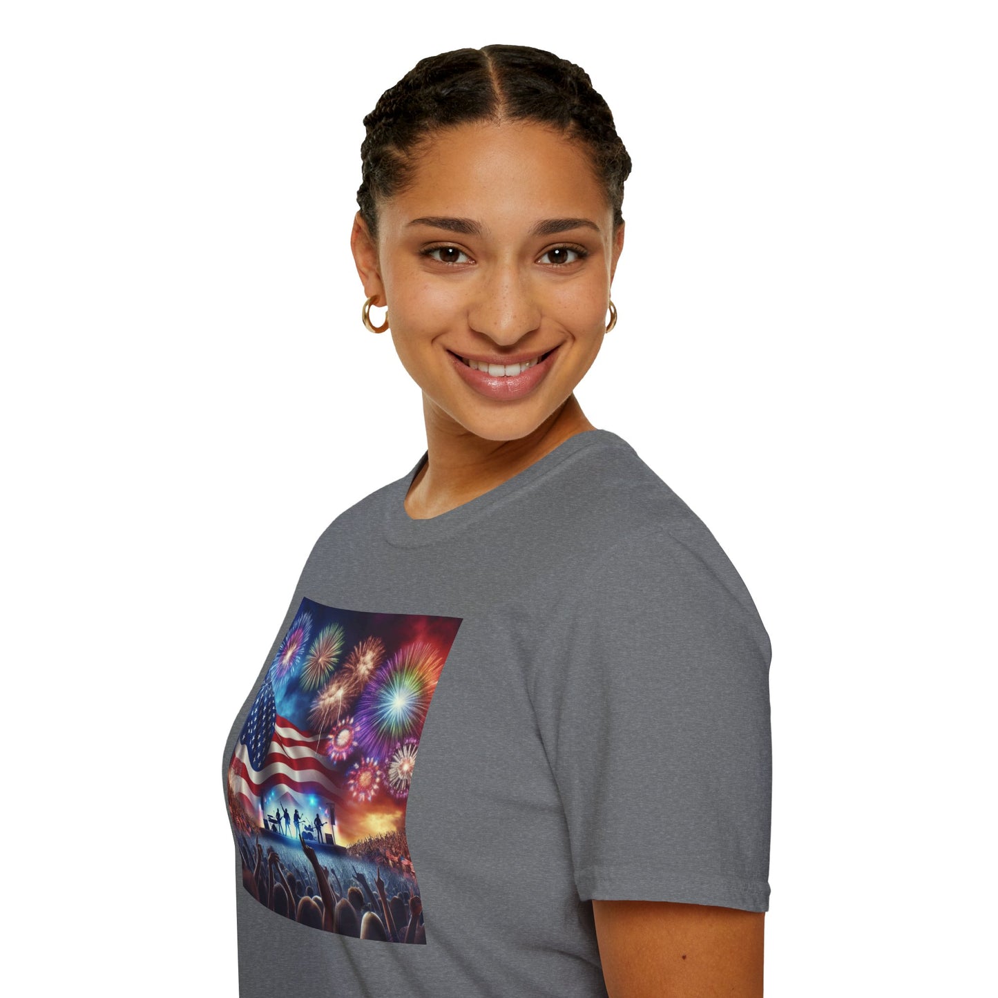 Crowd At Concert Cheering With American Flag And Fireworks Softstyle T-Shirt