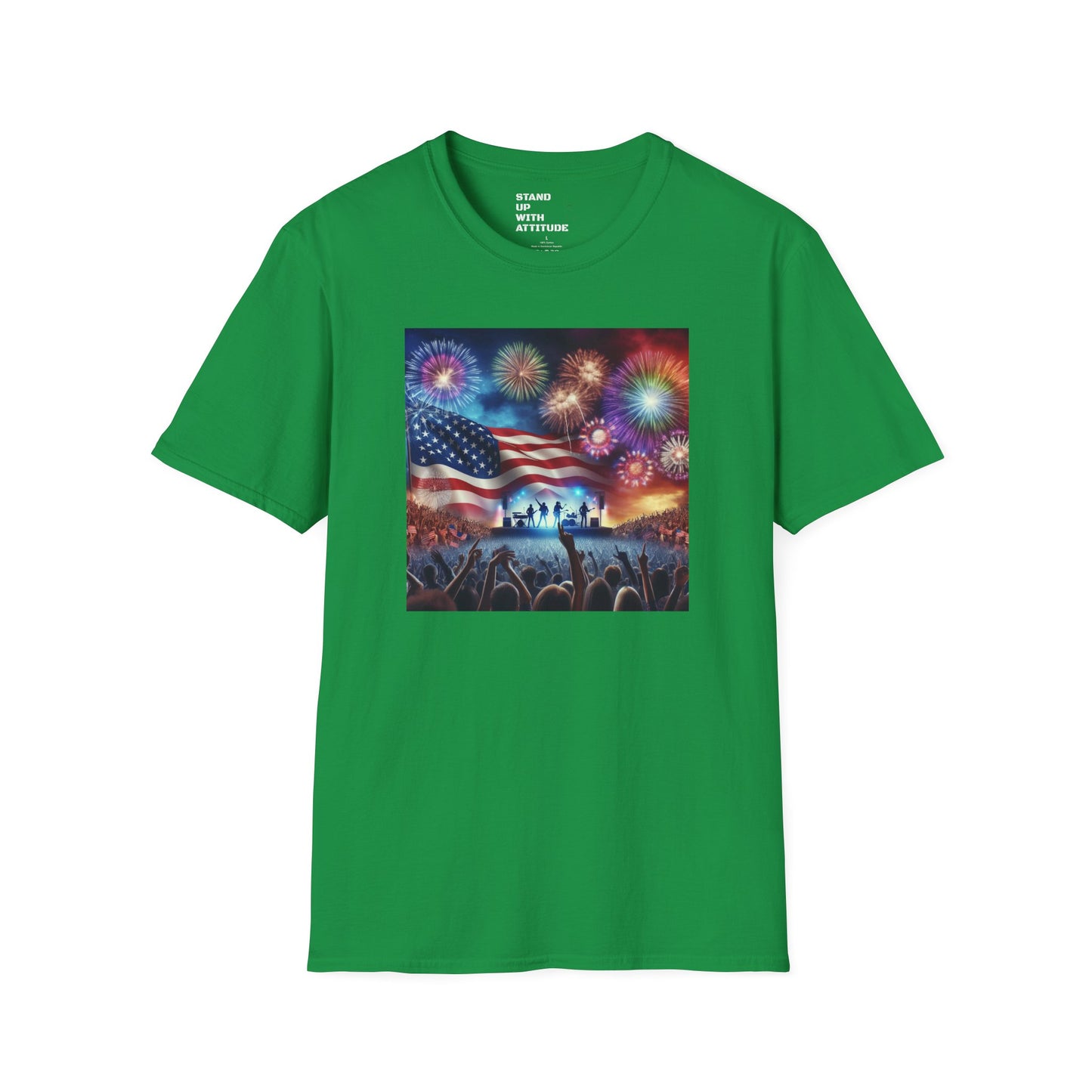 Crowd At Concert Cheering With American Flag And Fireworks Softstyle T-Shirt