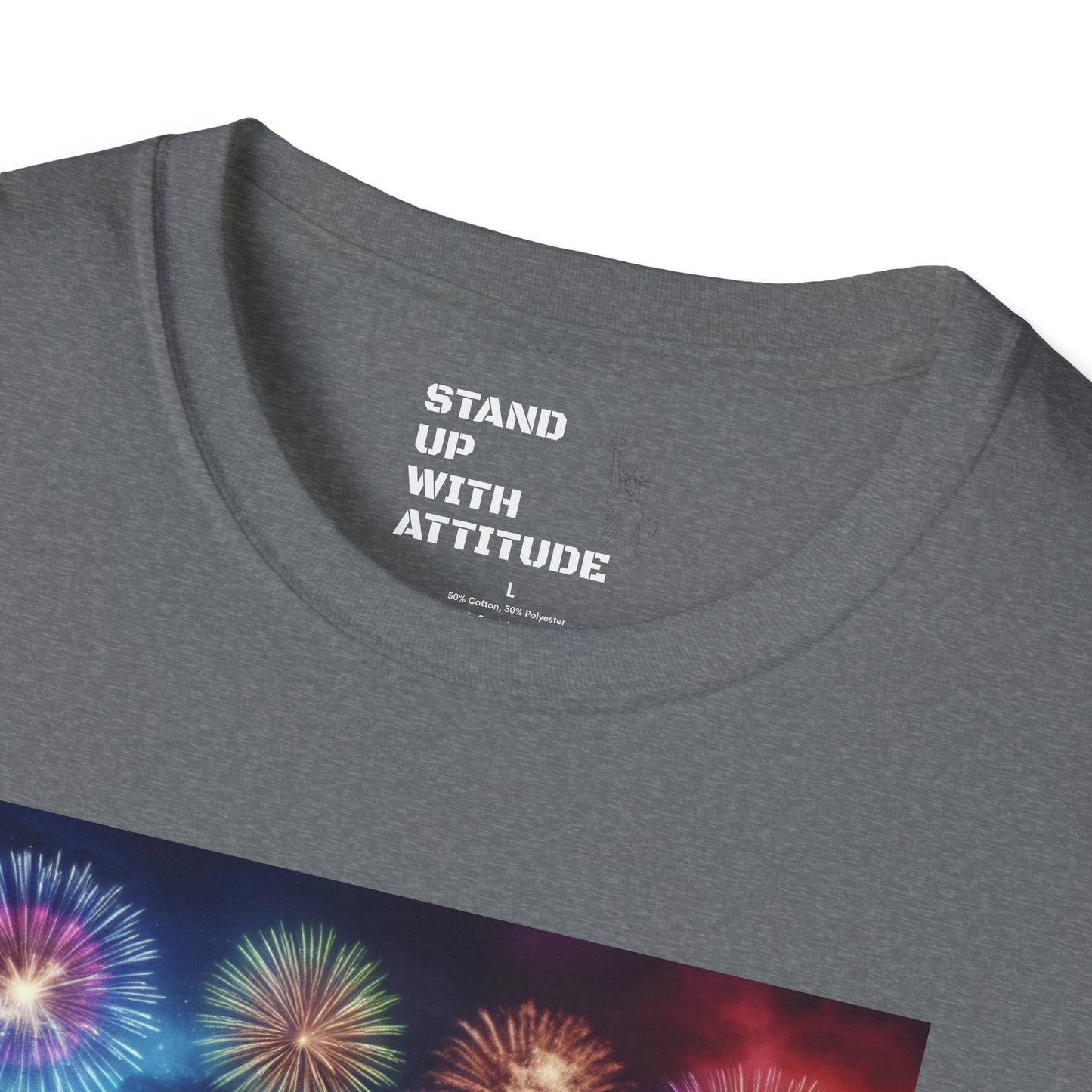 Crowd At Concert Cheering With American Flag And Fireworks Softstyle T-Shirt