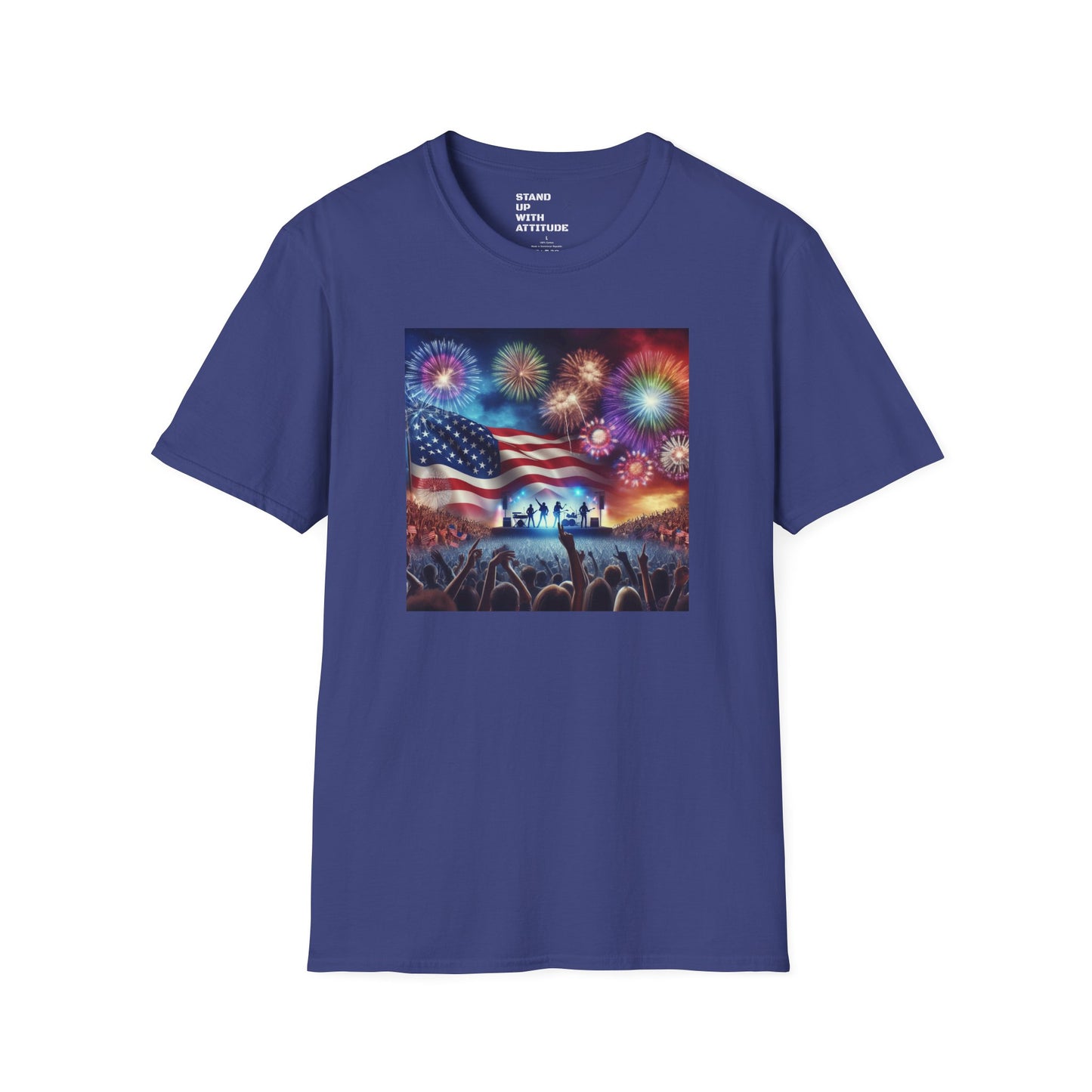 Crowd At Concert Cheering With American Flag And Fireworks Softstyle T-Shirt